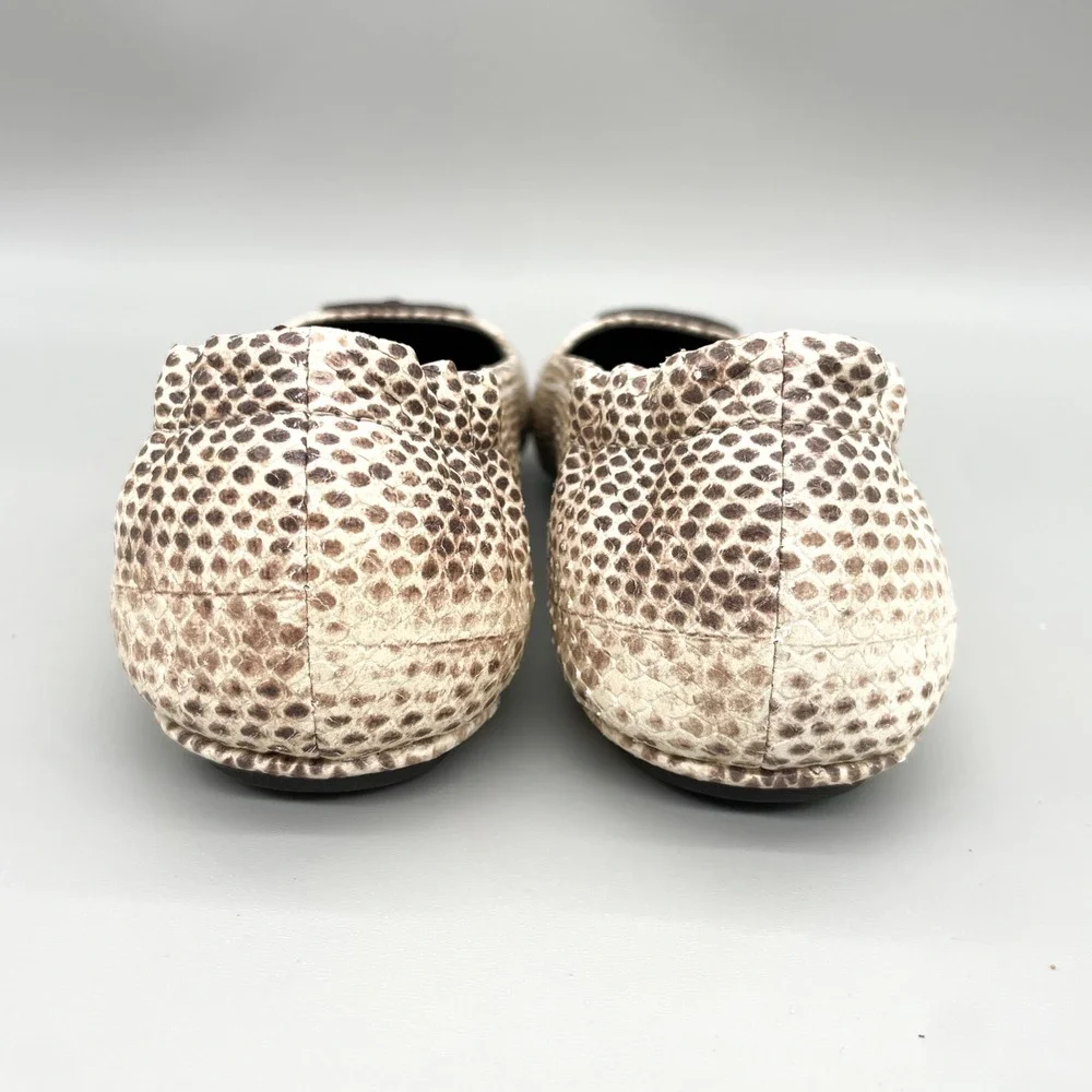 Tory Burch Minnie Travel Ballet Flats Womens 9M Snake Print Leather Brown Cream